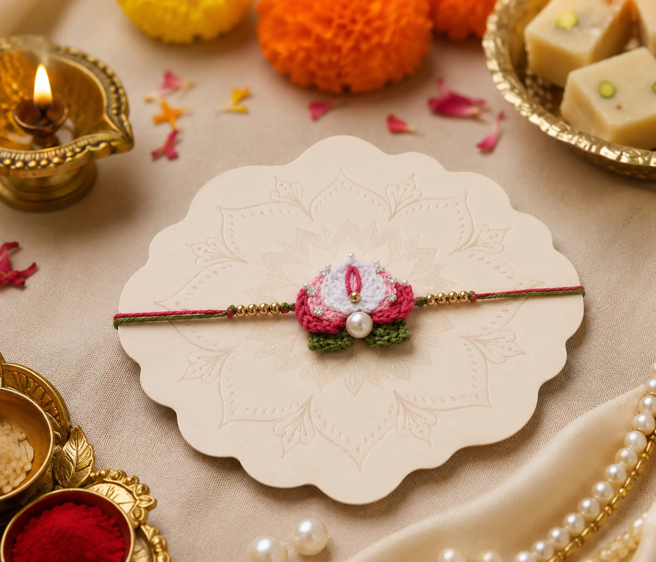 Divine Lotus Pearl Handcrafted Crochet Rakhi